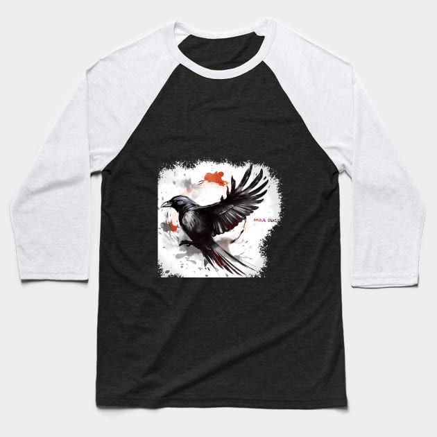 Flying Watercolor Crow Baseball T-Shirt by Amour Grki